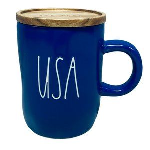 Rae Dunn Patriotic Coffee Mug Blue USA With Wood Coaster Lid